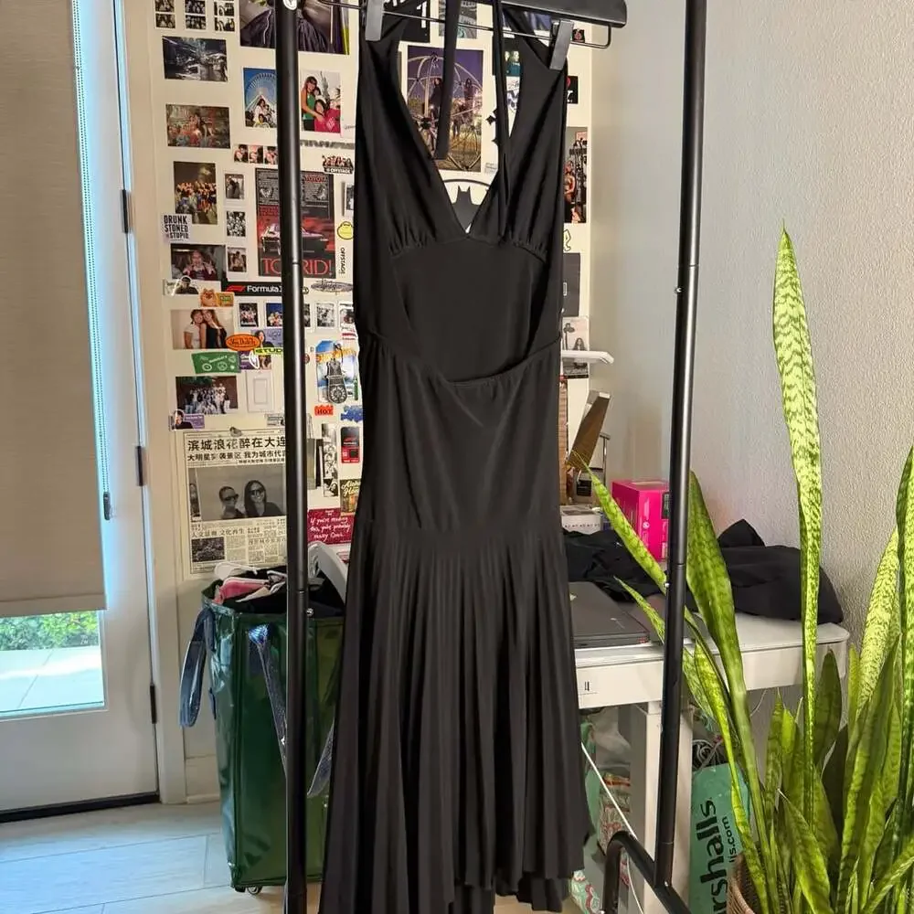 Vintage Black Halter Dress Pleated Maxi V-Neck S